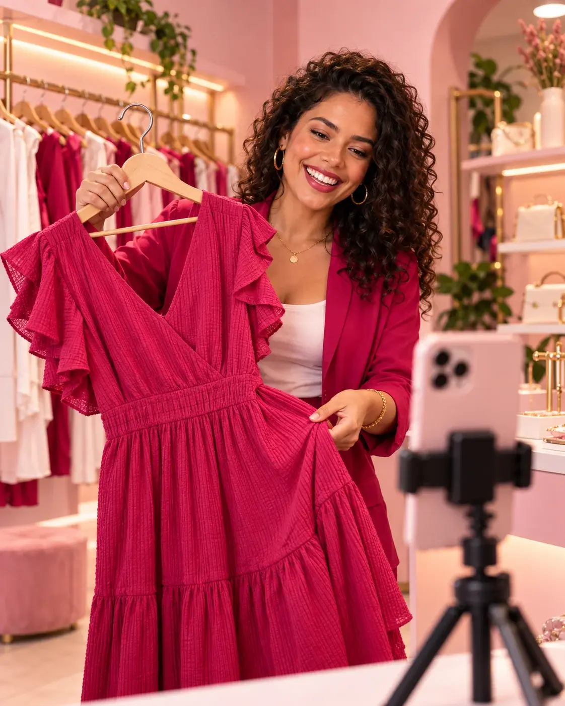 Lojista apresentando um vestido para a câmera do celular em sua boutique.