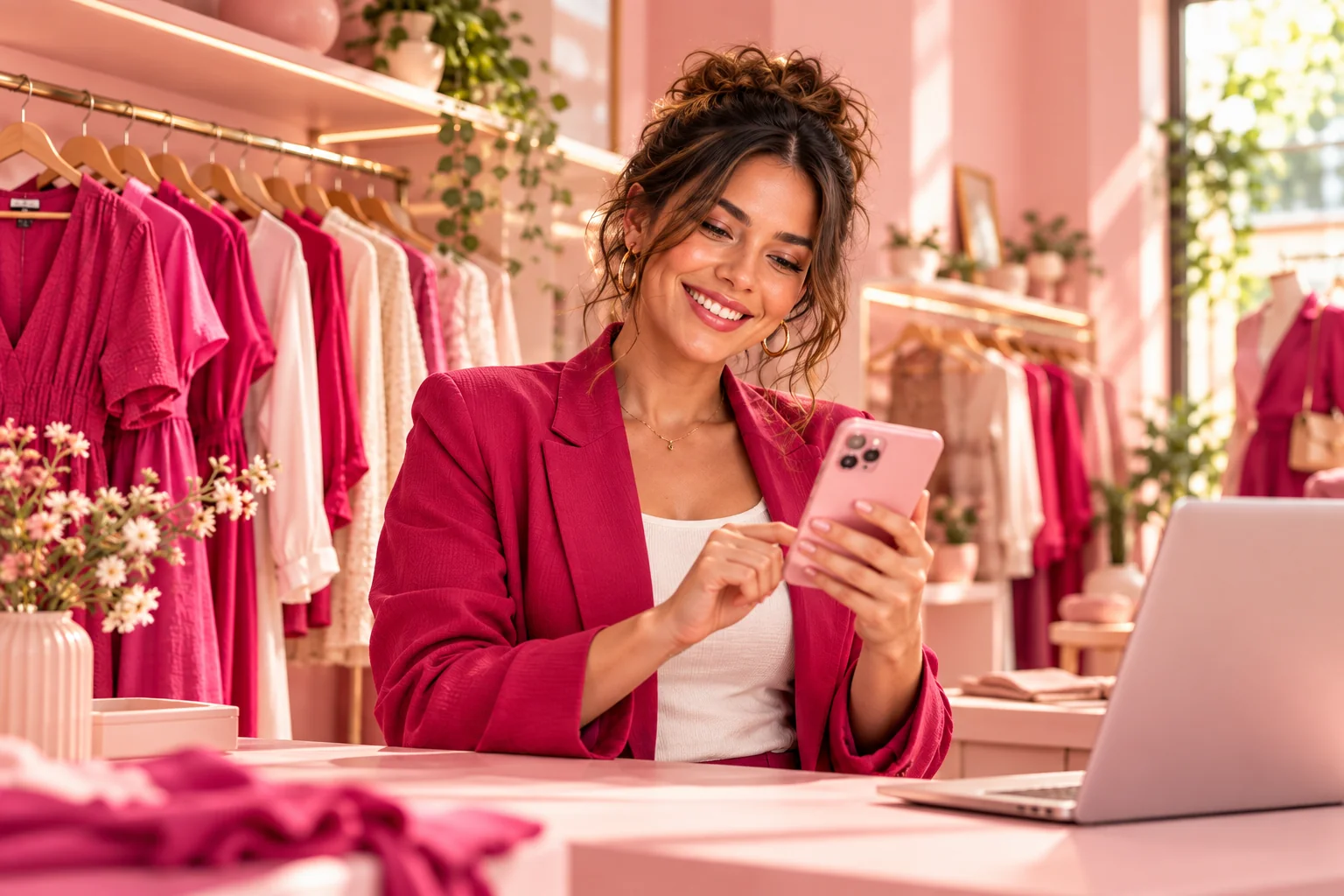 Lojista usando o celular no balcão de sua boutique, entre peças de roupa e seu computador.